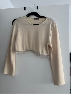 Zara Ivory Ribbed Cropped Long-Sleeve Top with Beaded Trim